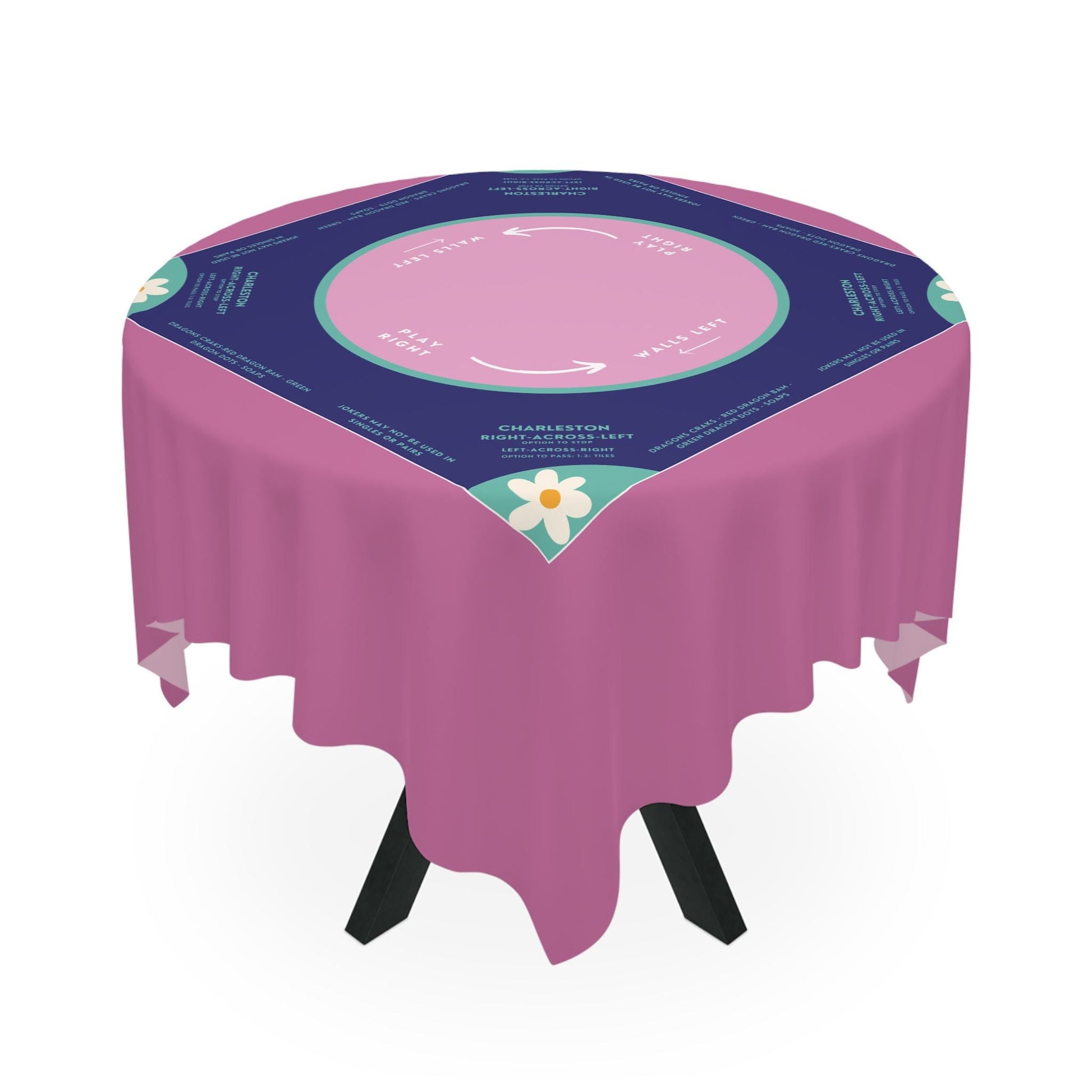 Simple Purple & Blue Mahjong Tablecloth with Daisies and Instructions - Perfect for Mahjong Players