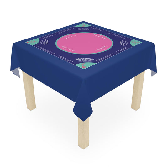 Colorful Mahjong Tablecloth with Dark Blue, Purple, and Light Blue Tabs with Purple Flowers