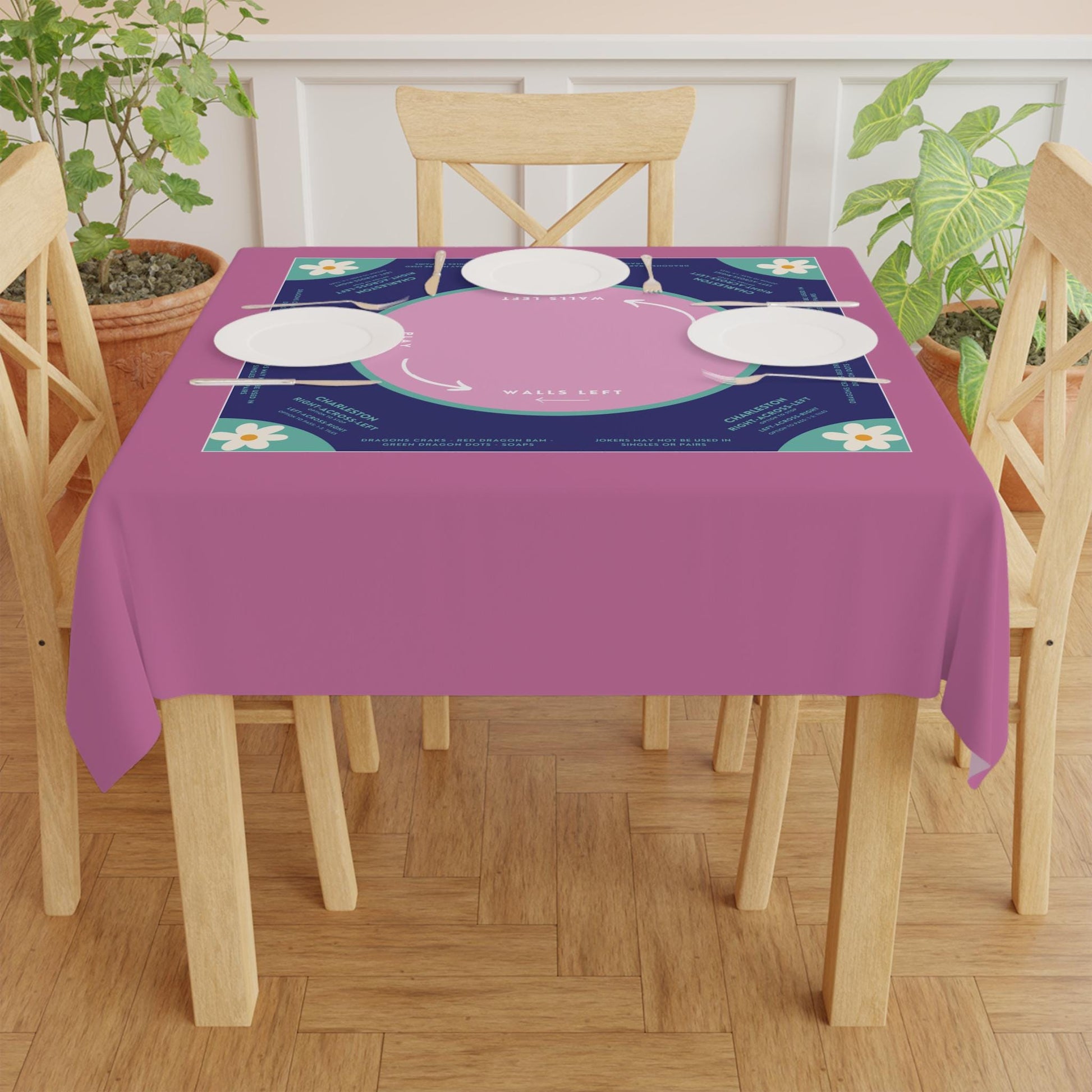 Simple Purple & Blue Mahjong Tablecloth with Daisies and Instructions - Perfect for Mahjong Players
