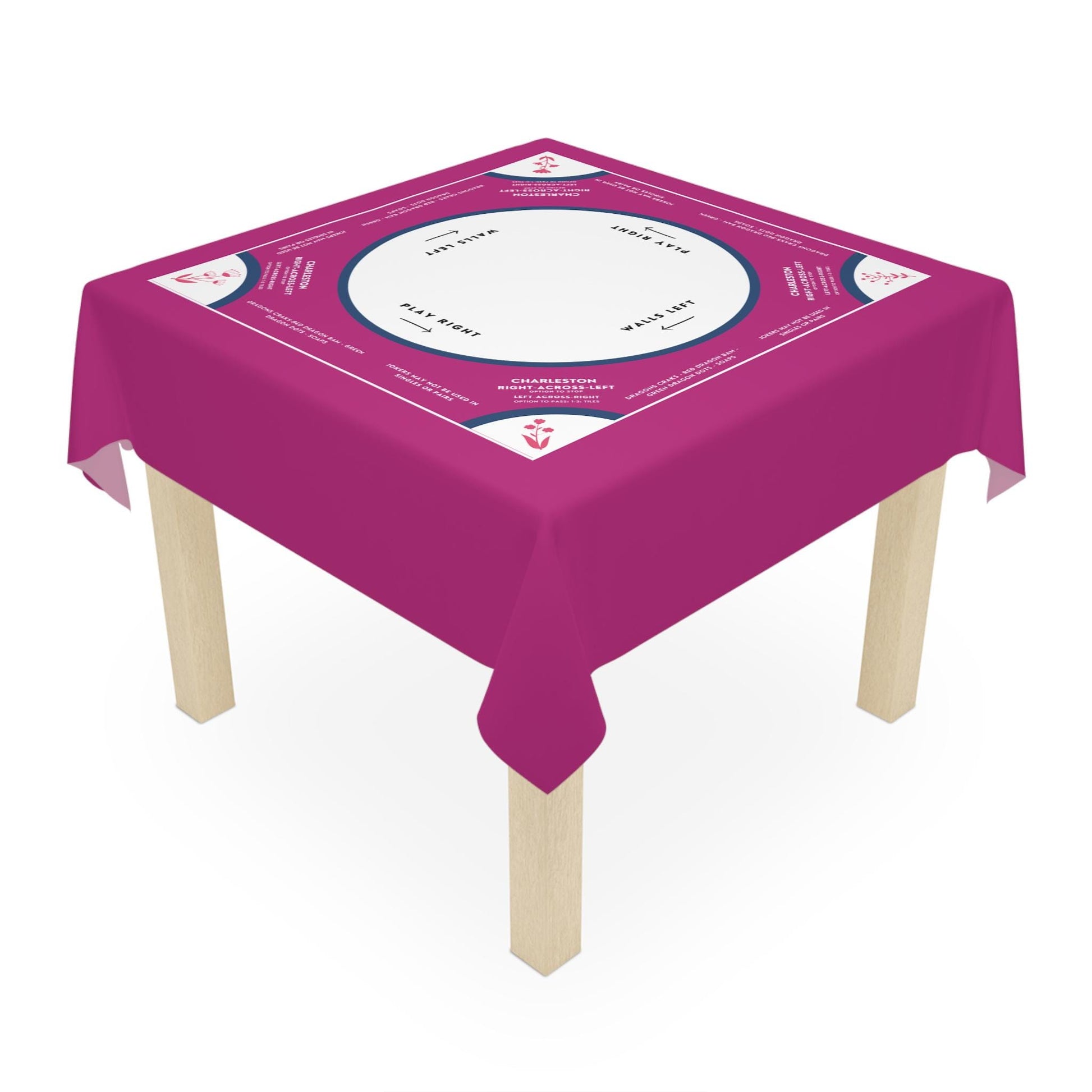 Deep Purple and White Mahjong Tablecloth with Instructions and Floral Tabs - Perfect for Mahjong Enthusiasts