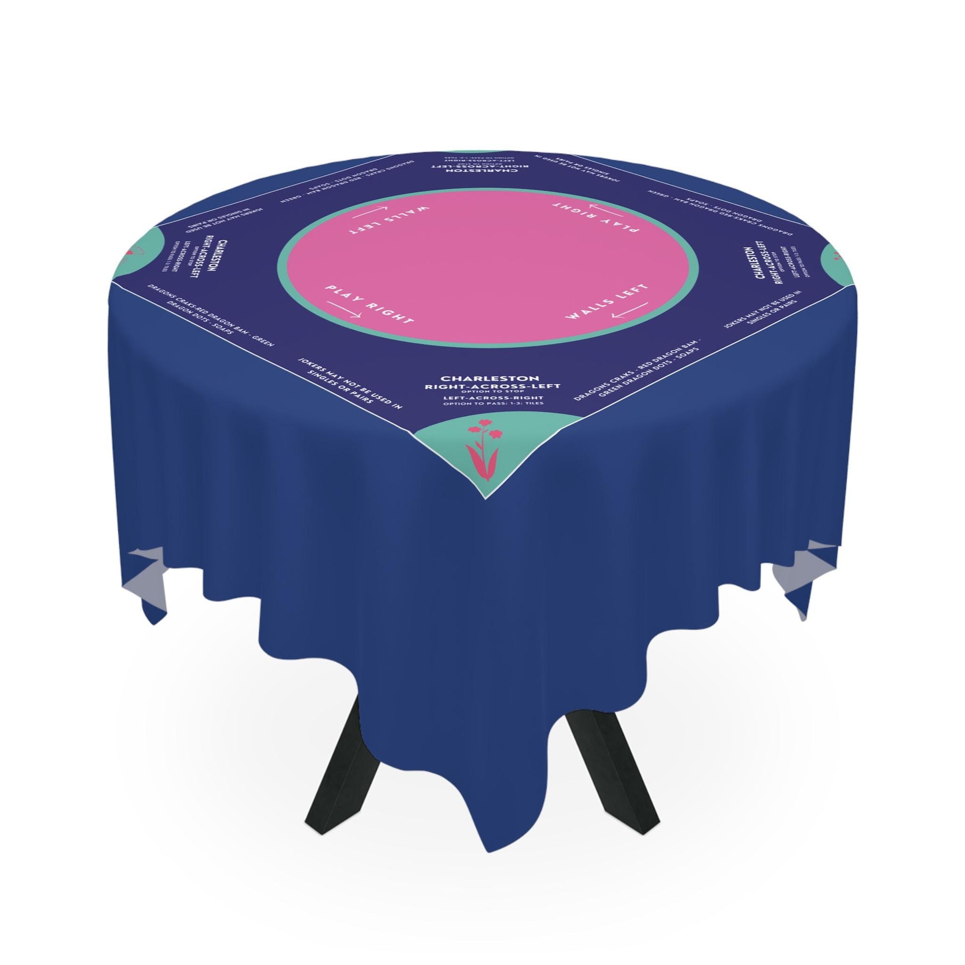 Colorful Mahjong Tablecloth with Dark Blue, Purple, and Light Blue Tabs with Purple Flowers