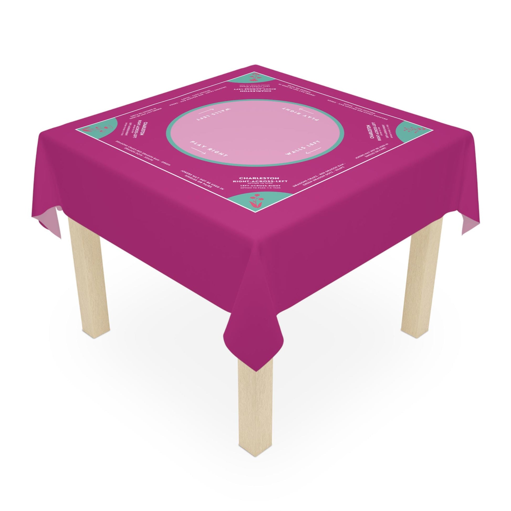 Grape Purple and Pastel Purple Mahjong Tablecloth with Sky Blue tabs and Purple flowers