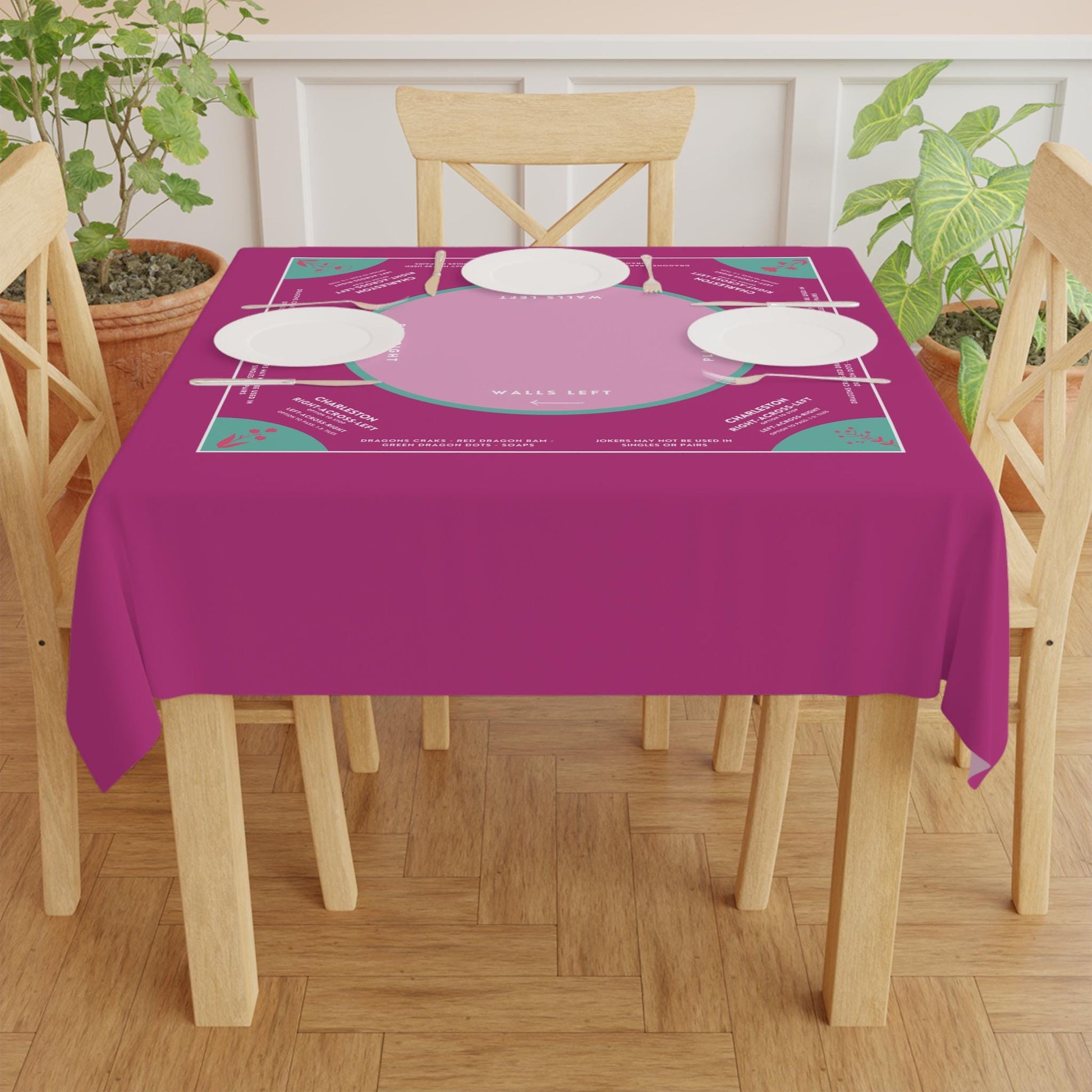 Grape Purple and Pastel Purple Mahjong Tablecloth with Sky Blue tabs and Purple flowers