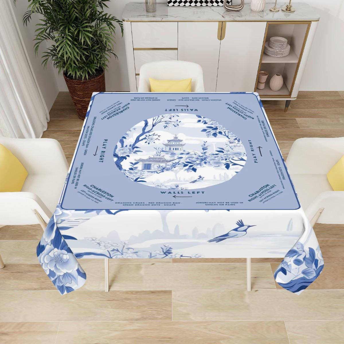Elegant Blue and White Floral Mahjong Tablecloth - Perfect for Mahjong Enthusiasts