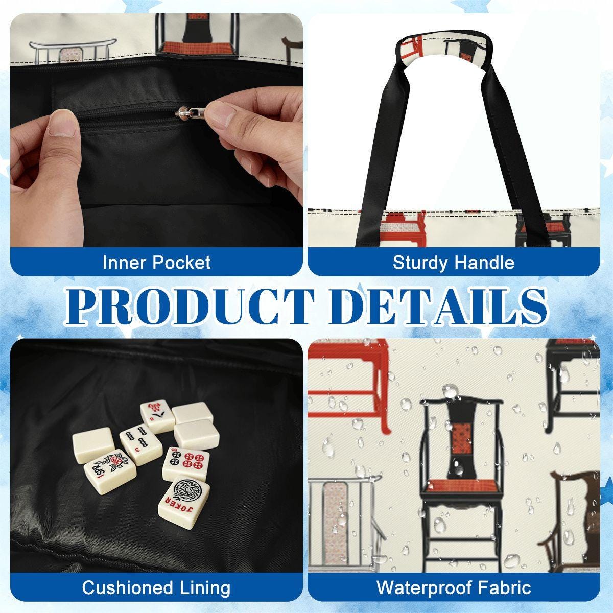 Mahjong Chair Print Bag with Rack Holders  Mahjong Tote & Pusher Rack Storage  Unique Mahjong Accessories