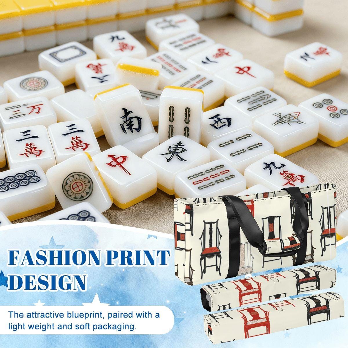 Mahjong Chair Print Bag with Rack Holders  Mahjong Tote & Pusher Rack Storage  Unique Mahjong Accessories