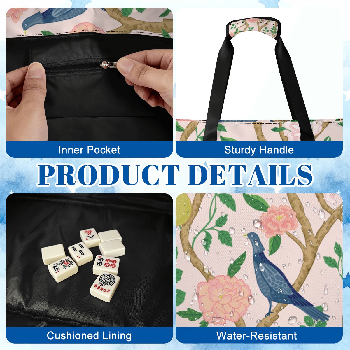 Premium Blue Birdie Mahjong Tote Bag Set